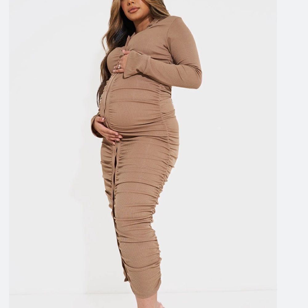 Pretty Little Things Maternity Stone Ruched Midaxi Dress Khaki Color 4 NWT in Pk